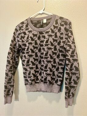 H&M Divided Black Cat Metallic Pink Sparkle Knit Sweater Sz 6 (Small)